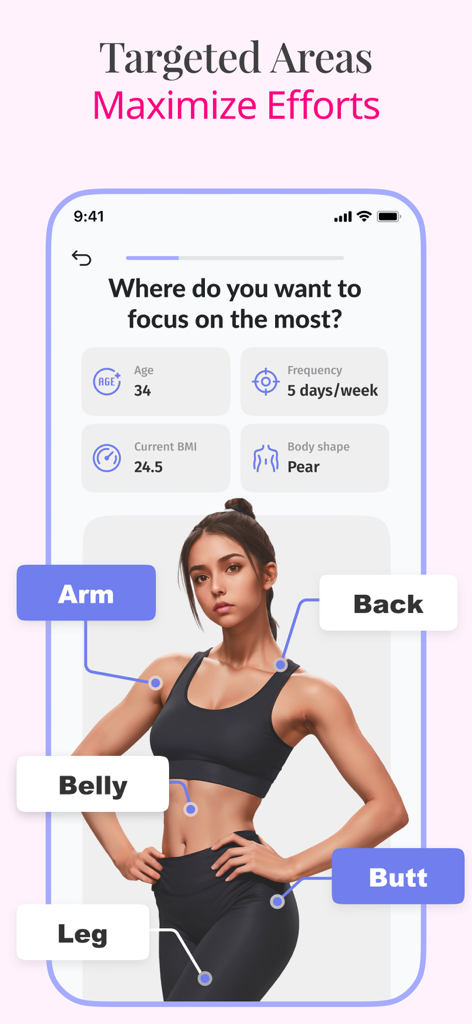 An iPhone screen from the WallFit app showing a woman with interactive labels to select targeted workout areas like arm, back, belly, butt, and leg.