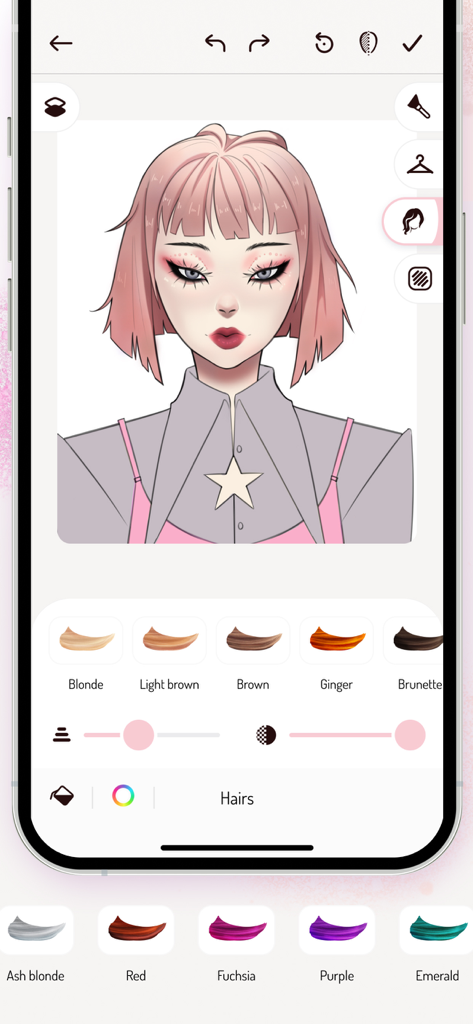 Makeup Studio: Pro Sketchbook - Digital character customization screen showing hair color selections in the Makeup Studio app