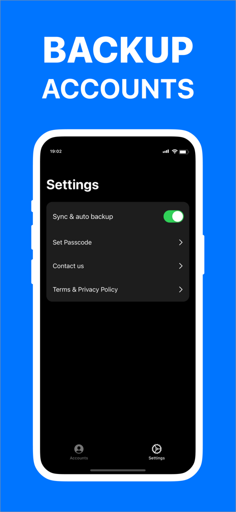 authenticator . app - Authenticator app settings screen with sync and auto backup toggle enabled