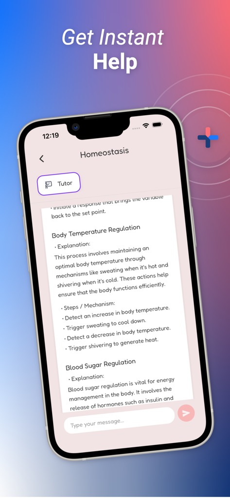 StudyPup - StudyPup app interface featuring an AI tutor providing explanations on homeostasis and biology topics.
