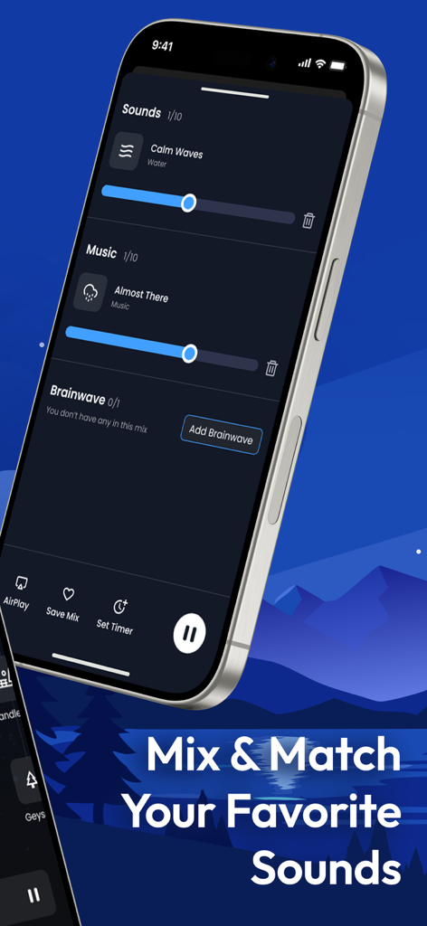 Sleep Sounds: SleepMaker - SleepMaker app screen showing the interface to mix and match sleep sounds like calm waves and music