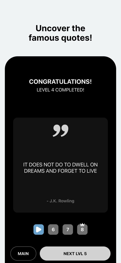 Cryptograms - Word Puzzles - クリプトグラムアプリの完了したレベル画面、JKローリングの有名な引用が表示されている
