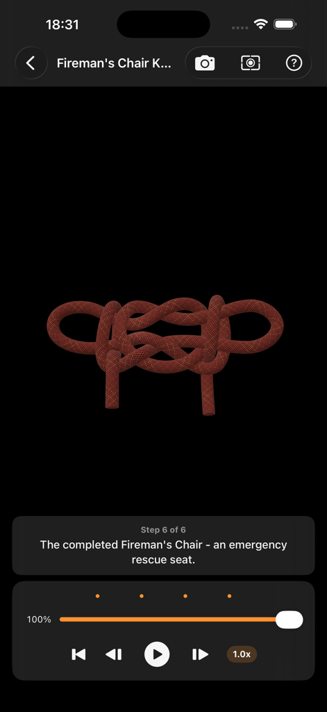 Maritime Master - Knots - Un nudo de rescate de silla de bombero (Fireman's Chair rescue knot) completado en un visor interactivo 3D