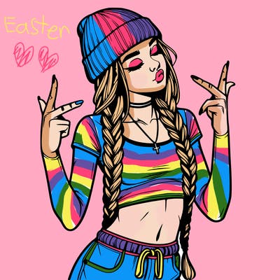 realistic teenage girl with braids and a beanie and crop top doing 🫶🏼