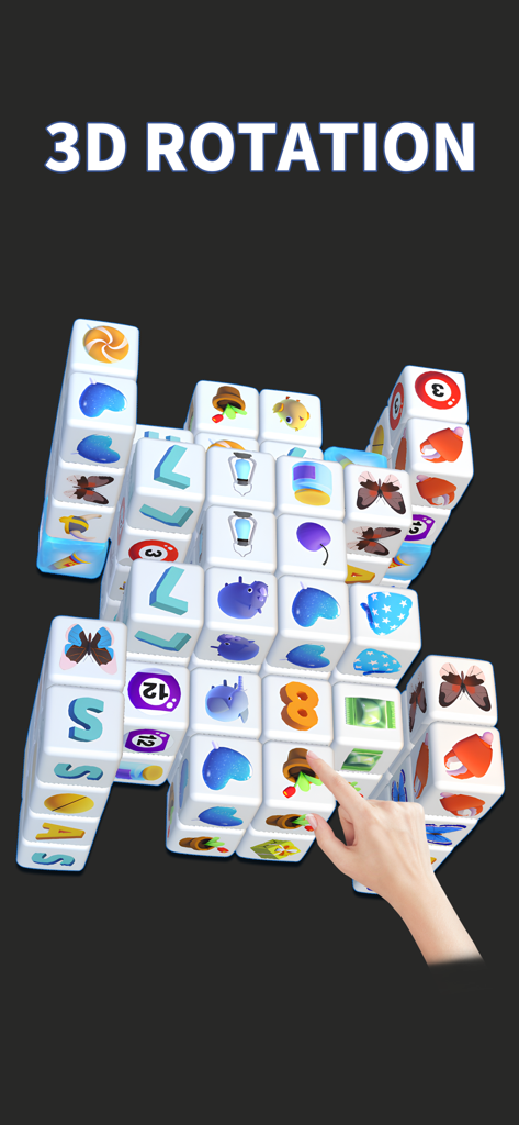 A hand touching and rotating a 3D block of matchable tiles in Cube Master 3D