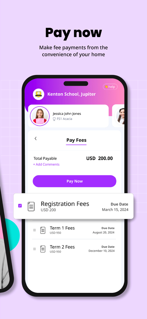 zenda - school fees made easy - Smartphone-Bildschirm, der die Zenda-App-Oberfläche zur Bezahlung von Gebühren mit einer Liste von Schulgebühren und einer Schaltfläche Jetzt bezahlen anzeigt