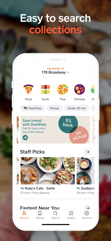 Captura de pantalla de la aplicación de entrega de comida Caviar que muestra colecciones de restaurantes seleccionadas y selecciones del personal para cenas de alta gama.