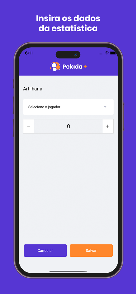Pelada+ - Pelada plus mobile App-Oberfläche zur Eingabe von Spielertoren und Spielstatistiken