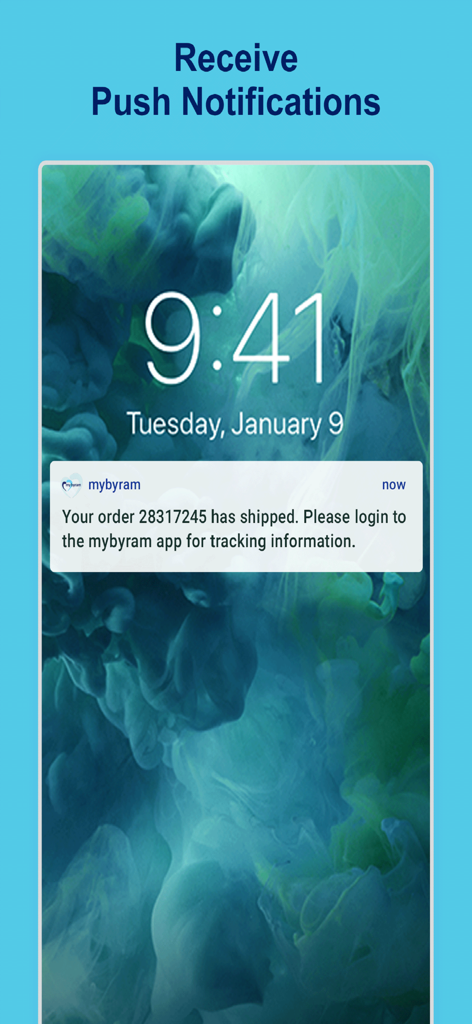 Smartphone lock screen showing a mybyram app notification that a medical supply order has shipped