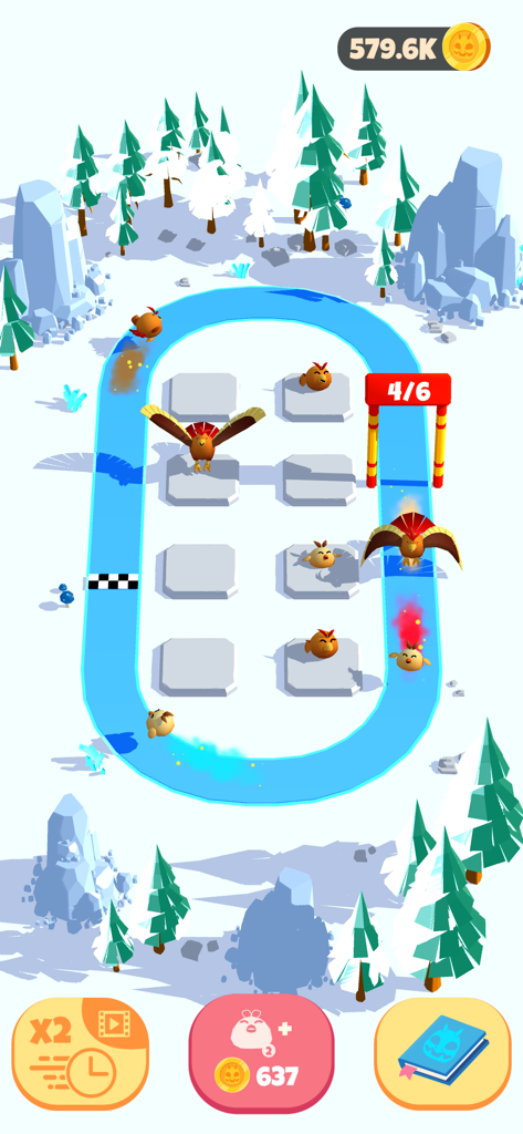 Cute Monsters Merge - Jugabilidad de Cute Monsters Merge mostrando monstruos pájaro corriendo en una pista en un entorno invernal.