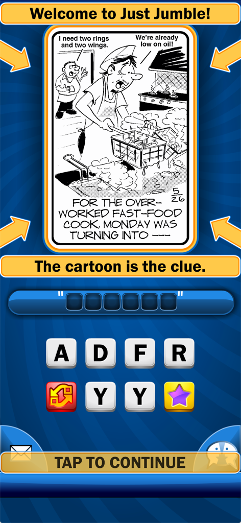 Just Jumble word game interface featuring a cartoon clue and letter unscramble tiles.