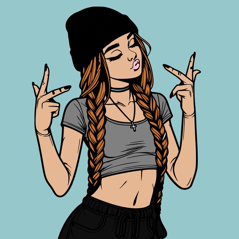 realistic teenage girl with braids and a beanie and crop top doing 🫶🏼