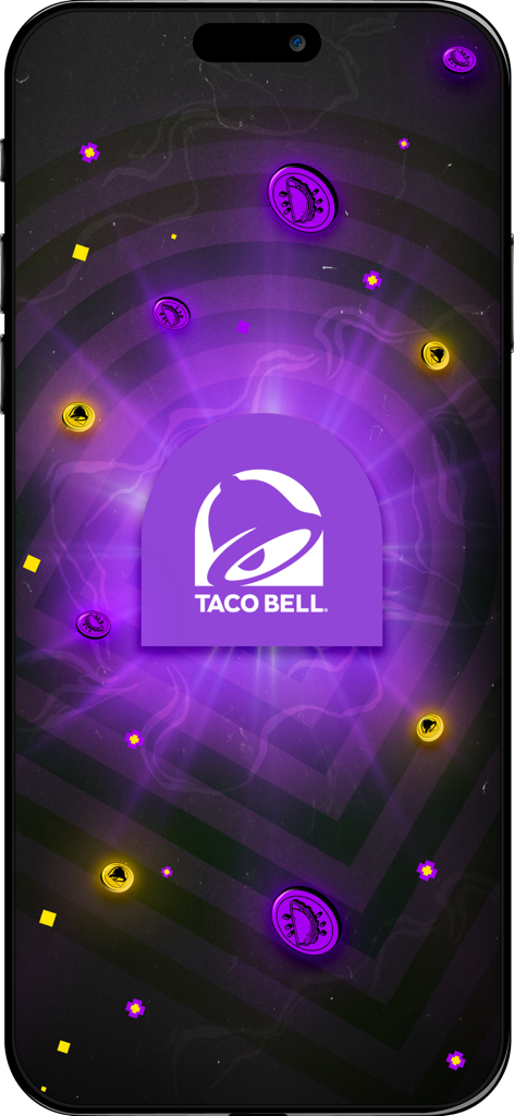 Taco Bell Guatemala - Tela de introdução do app Taco Bell Guatemala com logotipo da marca e moedas de recompensa flutuantes
