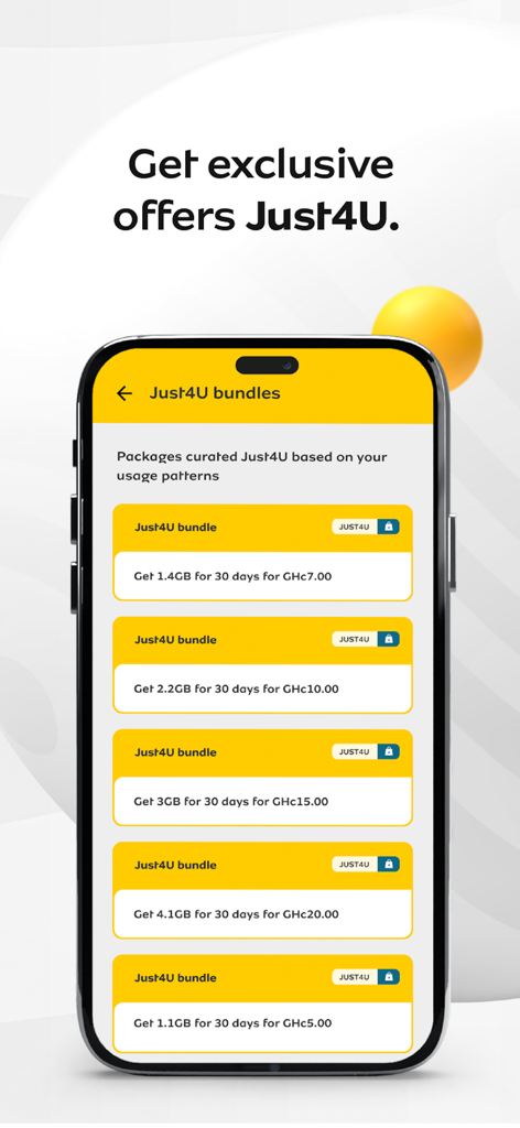 My MTN Ghana - iPhone screen displaying personalized Just4U data bundle offers in the My MTN Ghana app