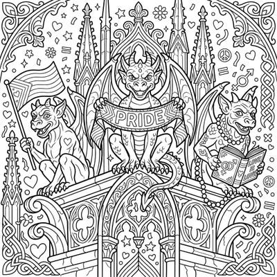 Embrace the spirit of Pride Month with this stunning coloring page featuring majestic cathedral gargoyles. This intricate design blends gothic architecture with heartfelt LGBTQ+ symbols, offering a unique and meaningful coloring experience.