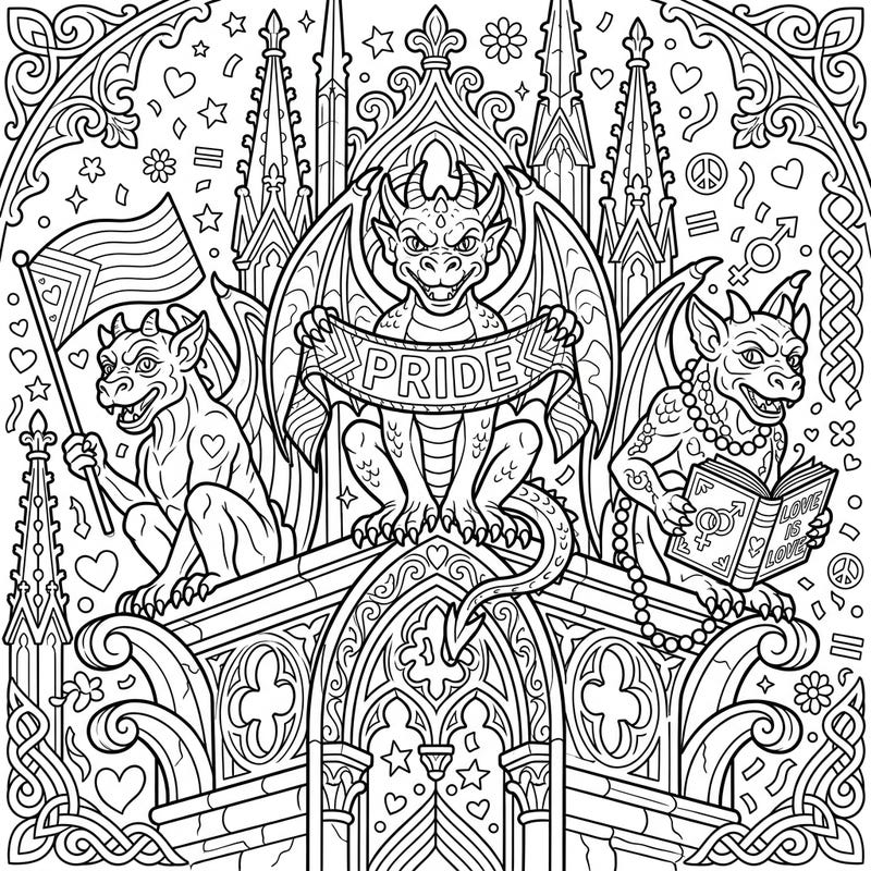 Embrace the spirit of Pride Month with this stunning coloring page featuring majestic cathedral gargoyles. This intricate design blends gothic architecture with heartfelt LGBTQ+ symbols, offering a unique and meaningful coloring experience.