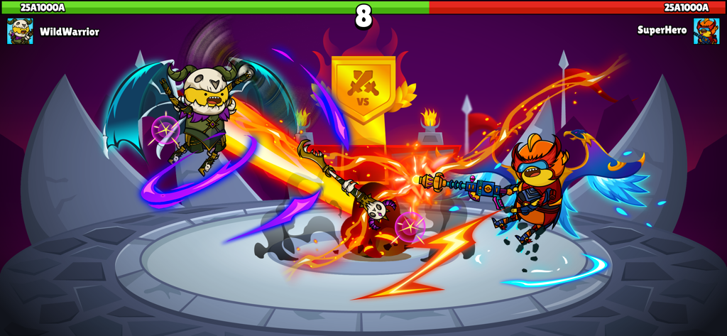 Un personaje de superhéroe luchando contra un monstruo alado en una colorida arena de batalla