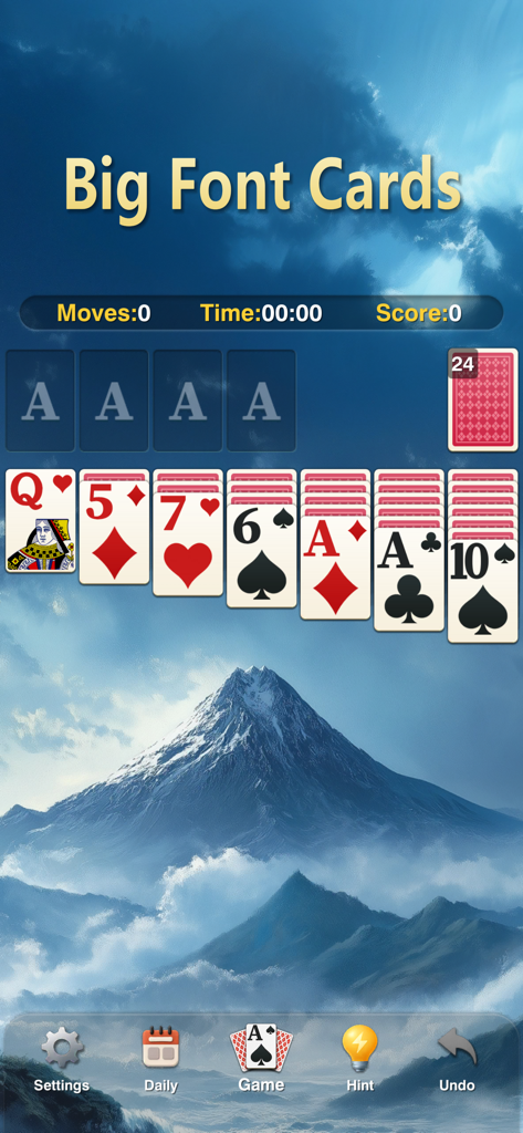 Zen Solitaire - Classic Card - Zen Solitaire classic card game interface showing large font cards for better visibility on a nature background