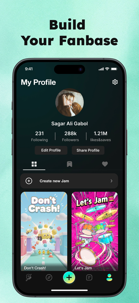 A creator profile screen in the Sekai app showing follower statistics and created interactive games under the heading Build Your Fanbase.