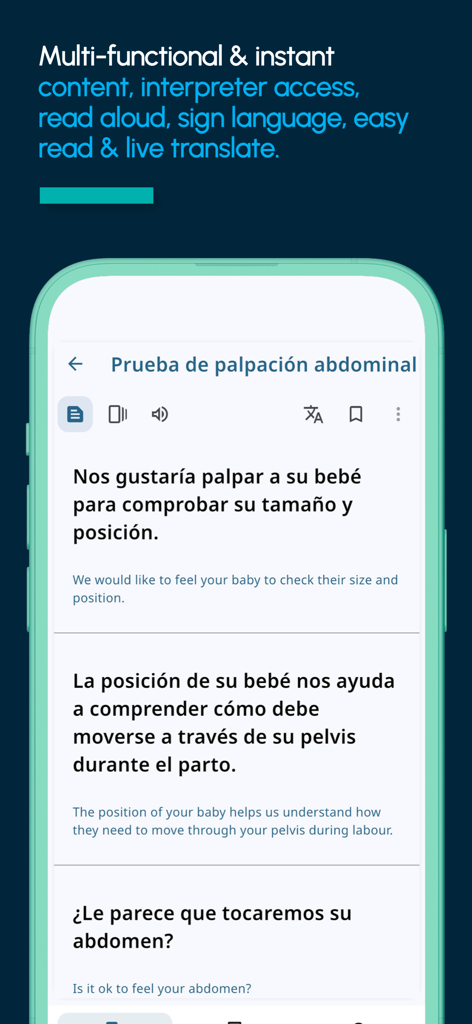 CardMedic - CardMedic app screen showing medical phrases translated from Spanish to English for an abdominal palpation test