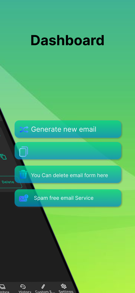Dashboard screen of Temp Mail Pro app featuring options to generate new emails and manage spam-free temporary email services.