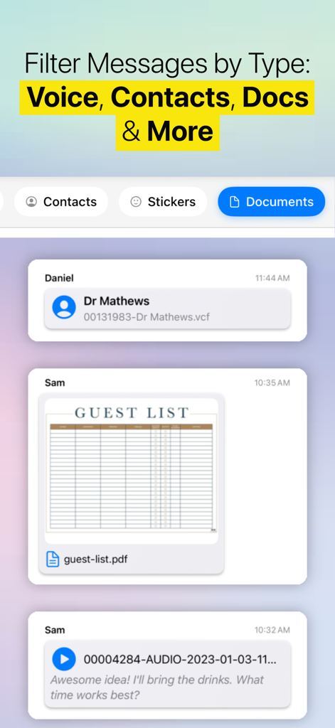 Chat Archive – WhatsApp Backup - Interface showing message filtering by voice contacts and documents with a transcription preview