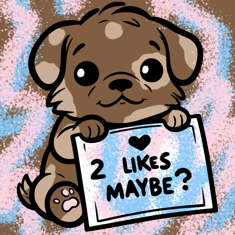 a puppy holding a sign that says 2 likes maybe?