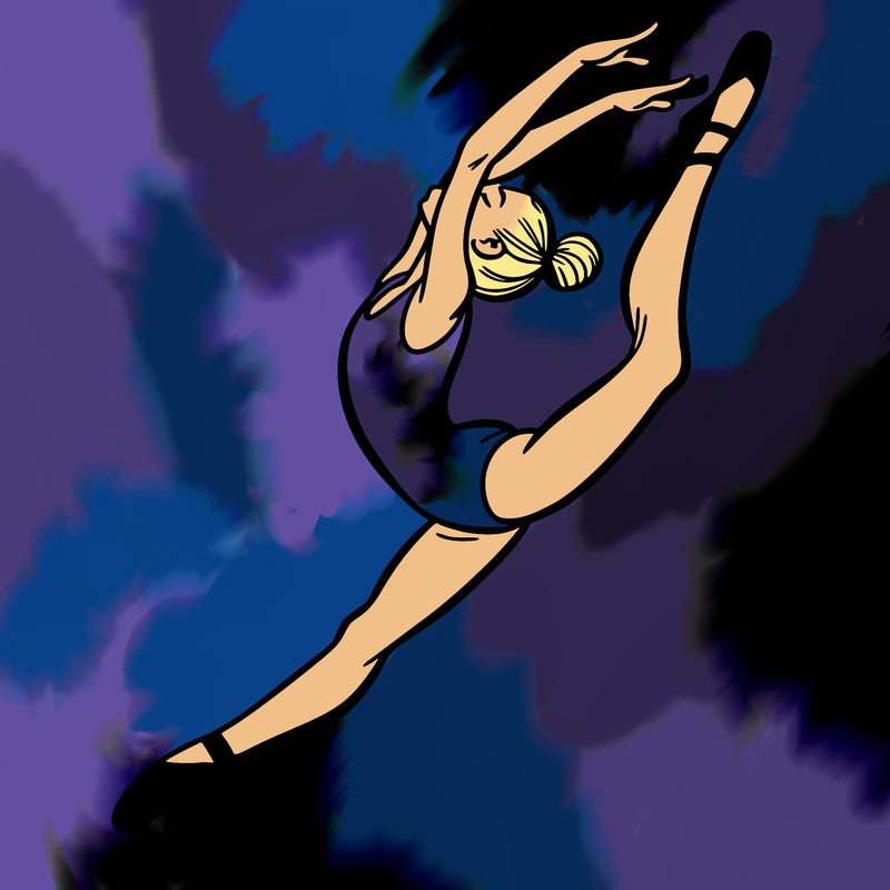 gymnast doing a leap in a leotard with a bent back leg