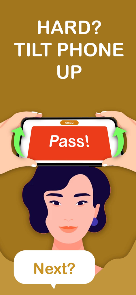 Charades Party Game - Una ilustración que muestra a un jugador sosteniendo un teléfono en su frente e inclinándolo hacia arriba para omitir una palabra difícil en el juego de Charadas.