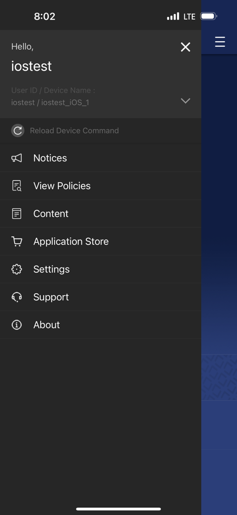 Samsung Knox Manage - User interface of the Samsung Knox Manage app showing the side navigation menu with device management features