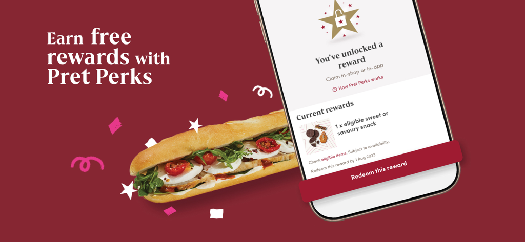 Pret A Manger app screen showing an unlocked free snack reward next to a fresh baguette sandwich