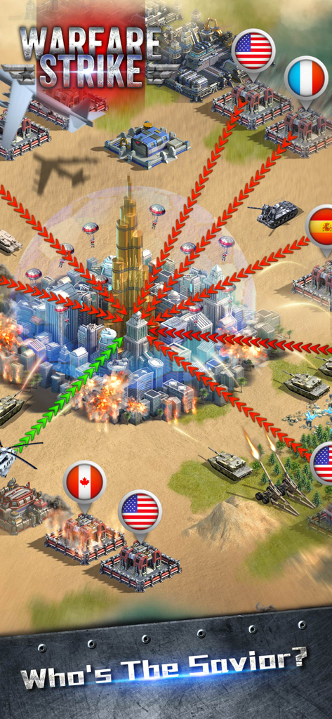 Escena de batalla estratégica de Warfare Strike Global War mostrando una ciudad bajo ataque de varias alianzas militares globales