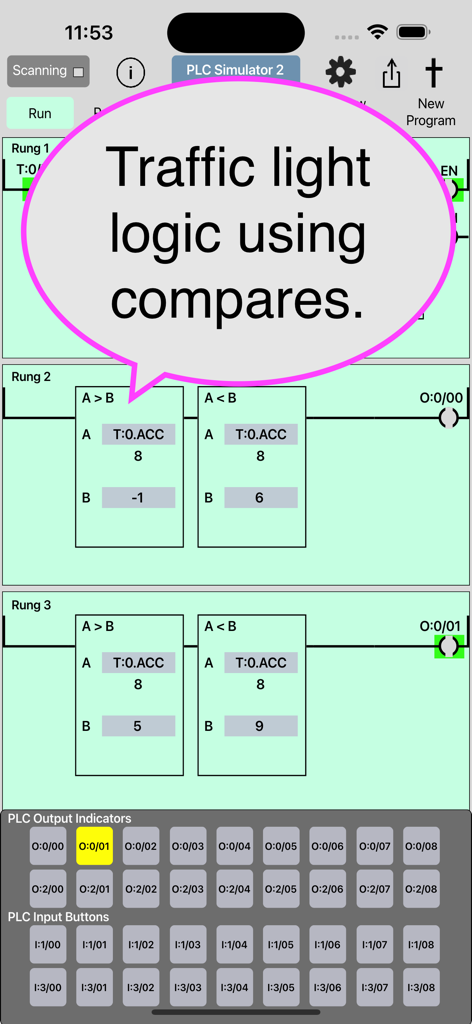 PLC Simulator 2インターフェイスには、信号機プログラムのラダーロジック比較ブロックが表示されています