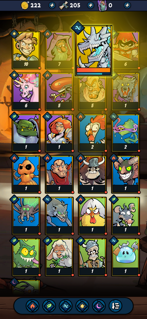 Mobile Dungeon: RPG Crawler - A collection of wacky cartoon heroes and monsters in a grid layout