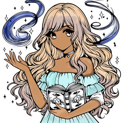 realistic girl with a spell book and magic swirling around her