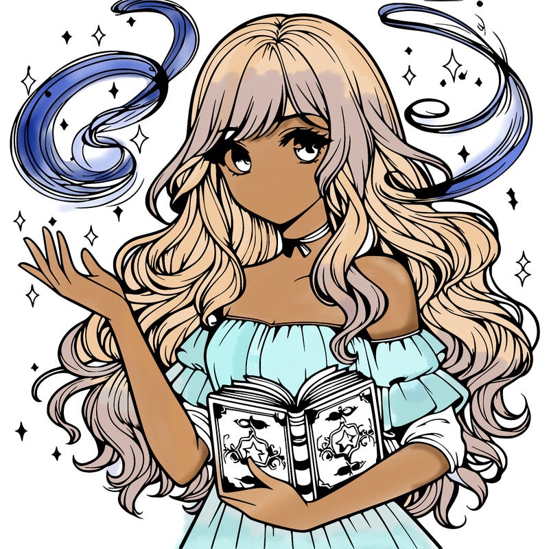realistic girl with a spell book and magic swirling around her