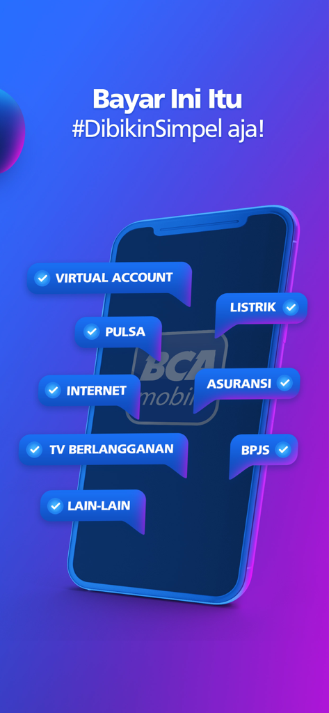 BCA mobile app screen displaying various bill payment categories like electricity, internet, and insurance.
