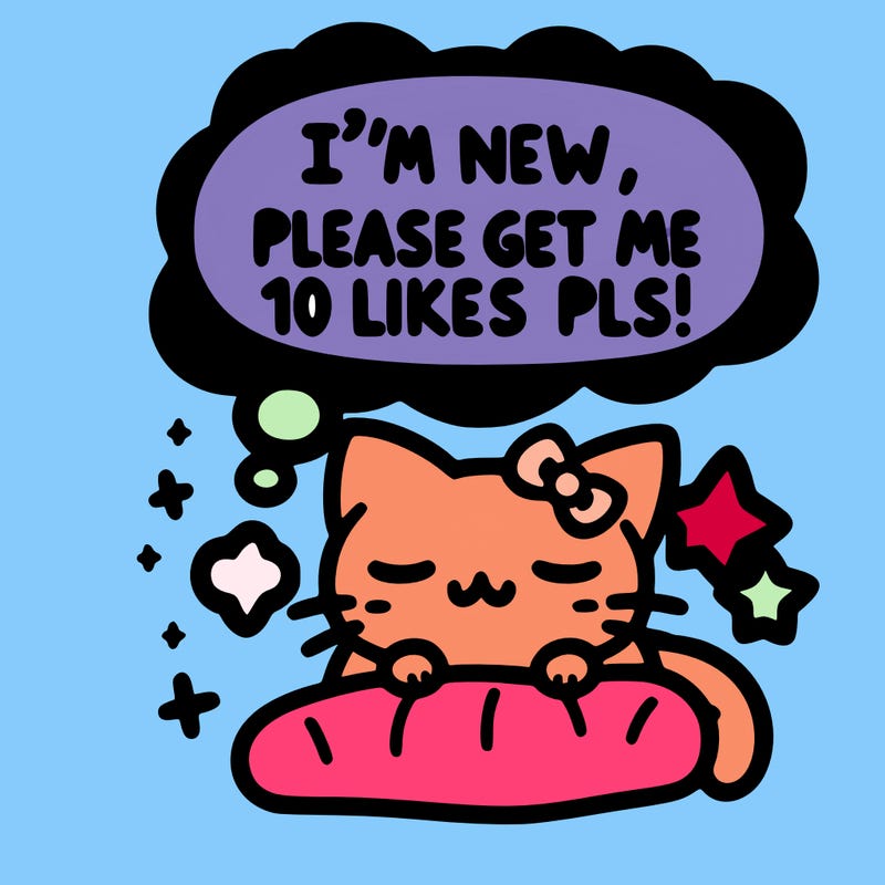 kitty taking a nap dream talking and saying "i'm new, please get me at least 10 likes pls!!"
