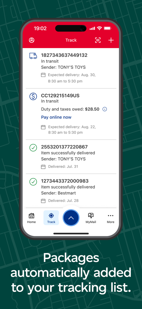Canada Post mobile app interface showing a list of tracked packages with status updates and duty payment options.