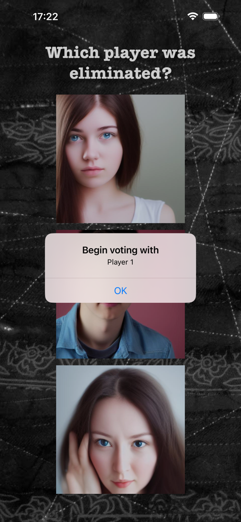 インポスターは誰だ？アプリの投票画面。プレイヤーの写真と、投票を開始するプロンプトが表示されている。