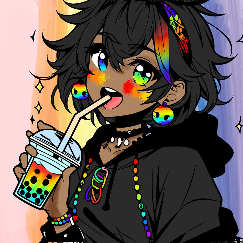 hot baddie anime girl drinking boba and biting the straw