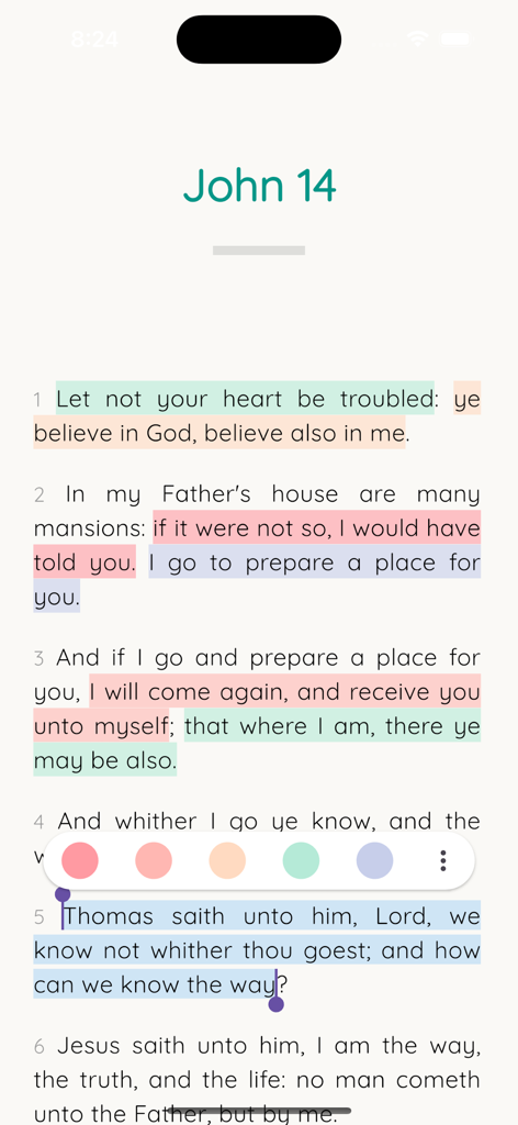ionBible: Read, Study & Listen - ionBible app interface showing bible verses in John 14 with multiple pastel color highlights and a selection menu