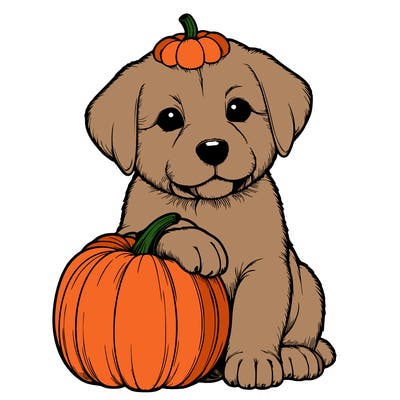 a realistic puppywith a pumpkin on his head