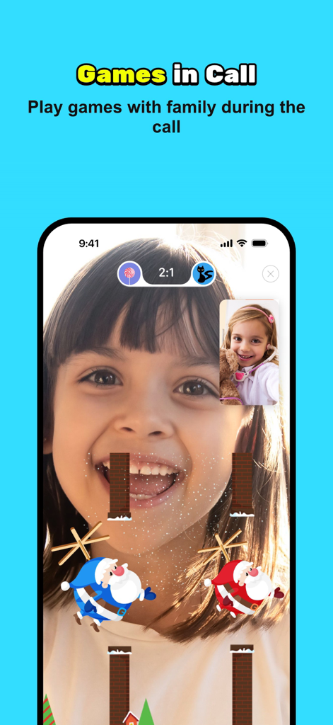 JusTalk Family Messenger - Two children playing an interactive game during a video call on the JusTalk Family Messenger app