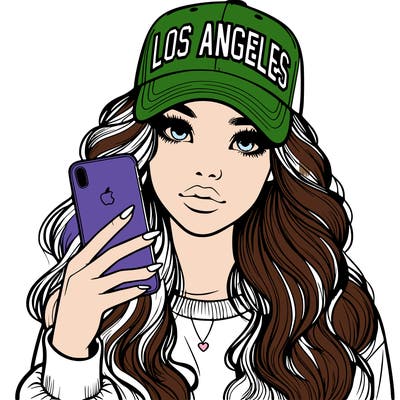realistic beautiful girl wearing los ángeles cap holding an iphone