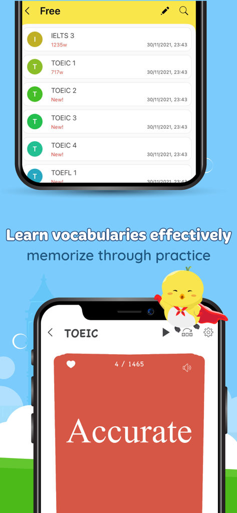 La app Diccionario de Inglés Dunno muestra listas de vocabulario de TOEIC y IELTS y una tarjeta para aprender la palabra 'Accurate'.