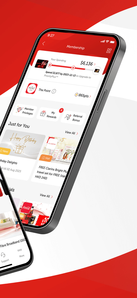 SmarTone CARE app membership screen showing spending overview rewards points and personalized member offers
