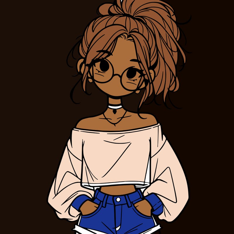 girl with a messy ponytail glasses a baggy crop top and jean shorts