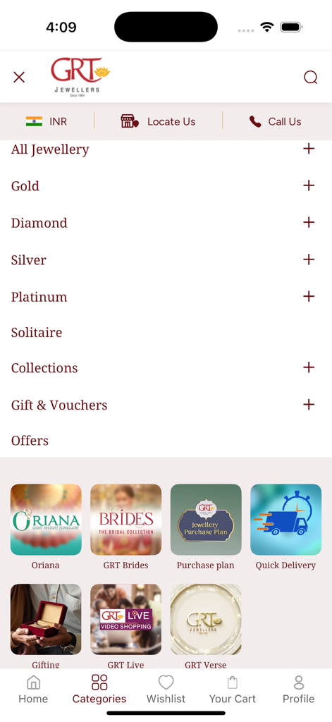 GRT Jewellers - GRT Jewellers mobile app categories screen with options for gold diamond silver and bridal collections