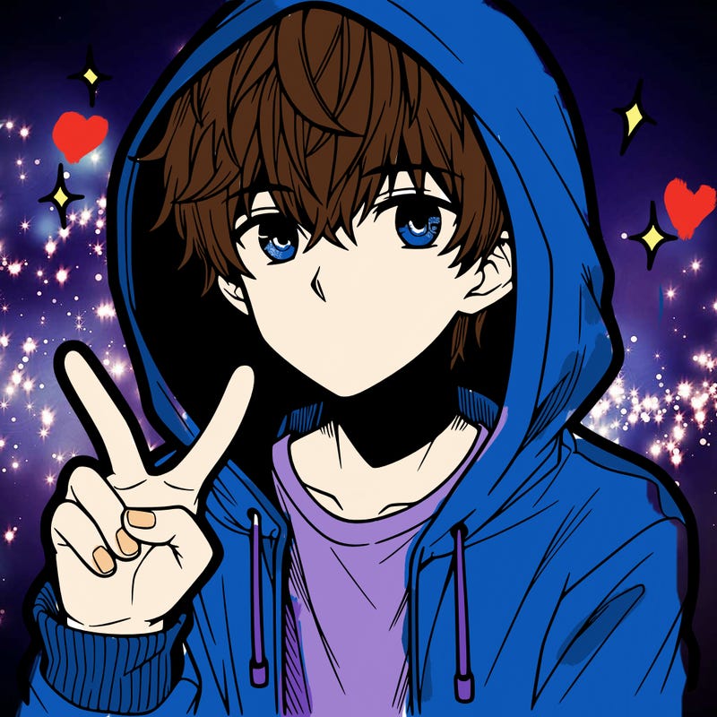 teenage manga boy in a hoodie, doing ✌